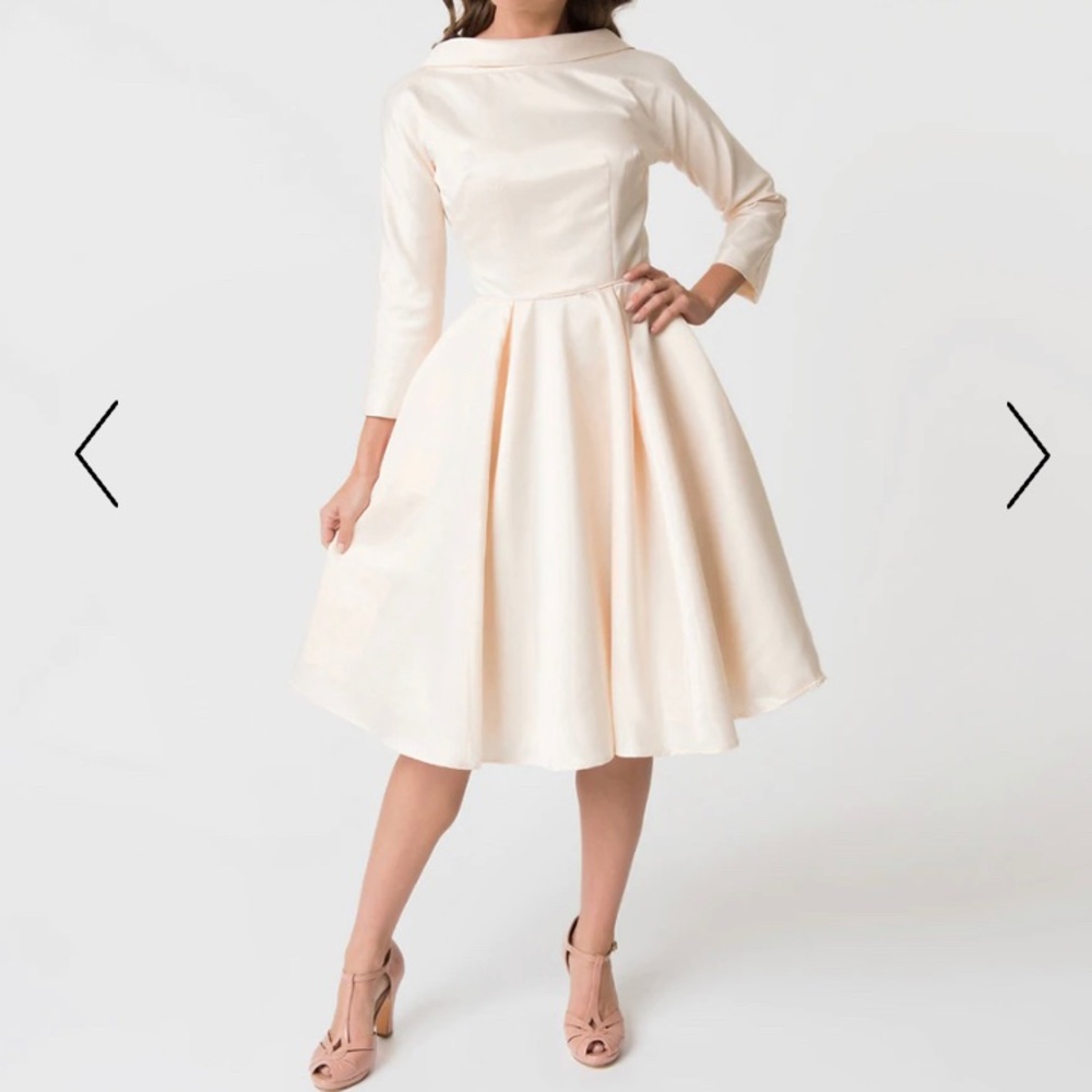 Unique Vintage 1950s Style Cream Satin Sleeved Lana Bridal Dress